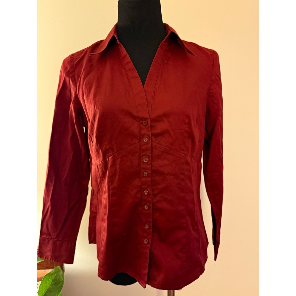 Ann Taylor LOFT Petites Burgundy Solid Woven 100% Cotton Button-Up Shirt 12P